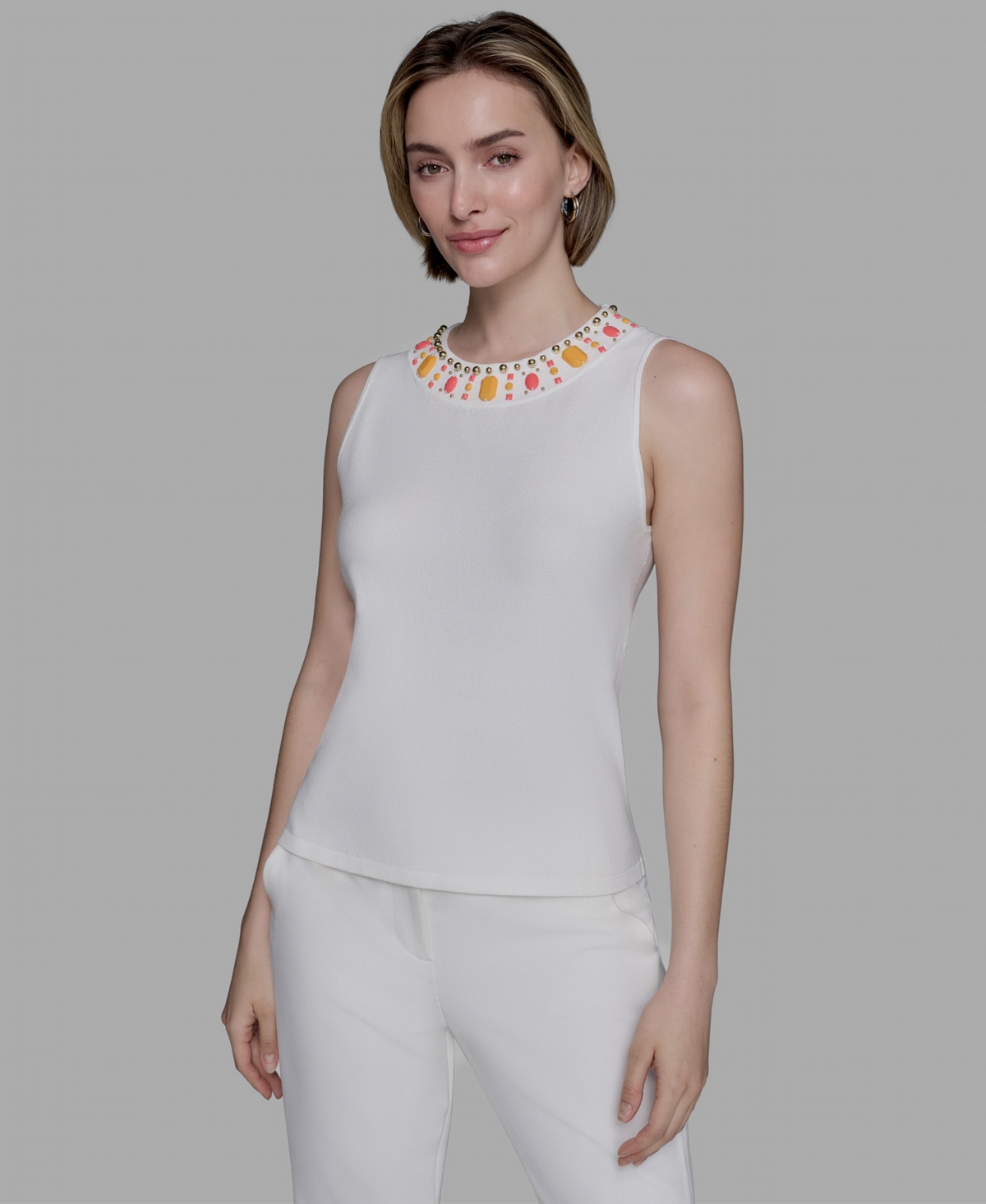 Women's Embellished Sleeveless Top - Soft White/persimmon