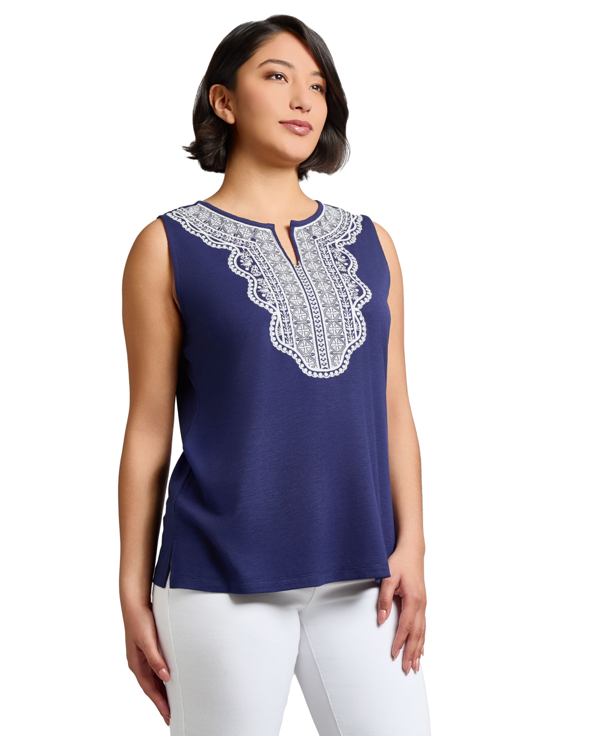 Jones New York Embroidered Sleeveless Top In Blue