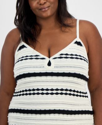 Trendy Plus Size Striped Pointelle Knit Sleeveless Midi Dress