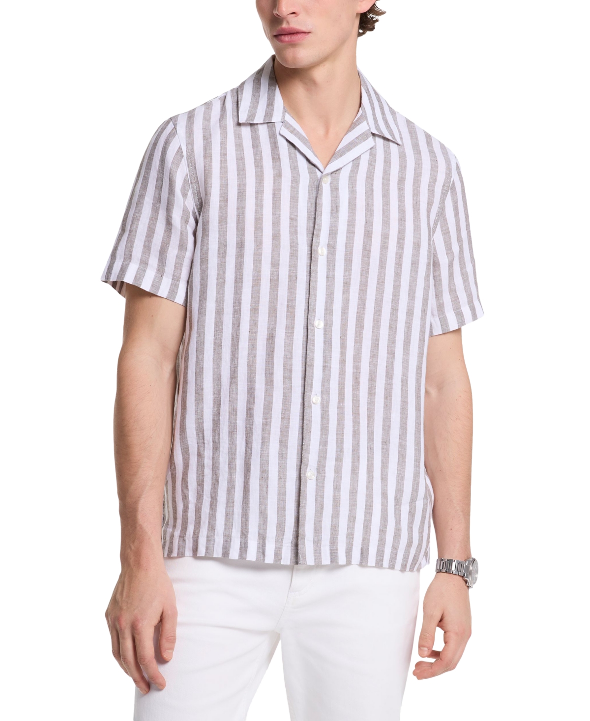 Men's Relaxed-Fit Linen Stripe Shirt - Safari Green