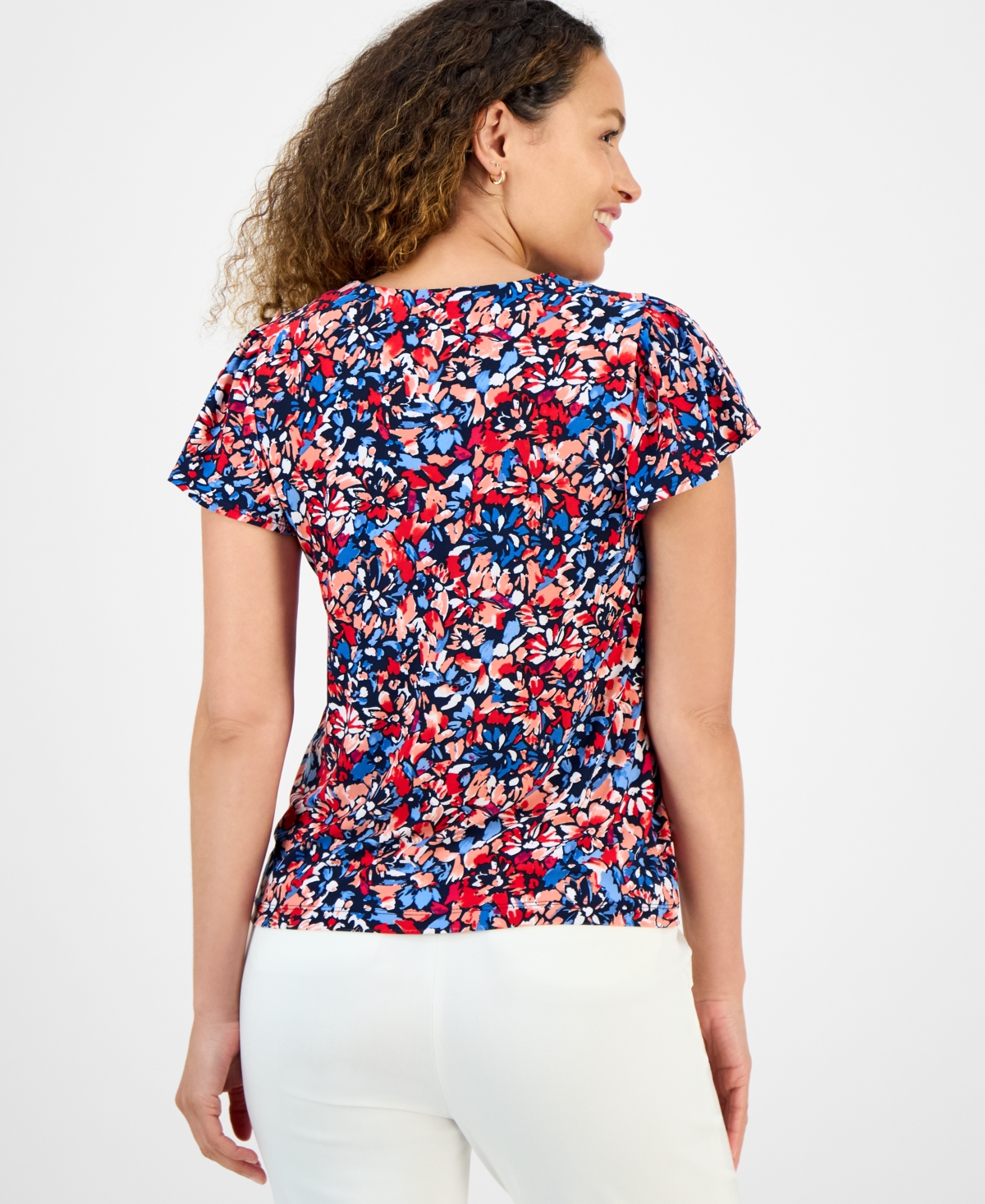 Jones New York Petite Floral-print Keyhole-neckline Top In Multi