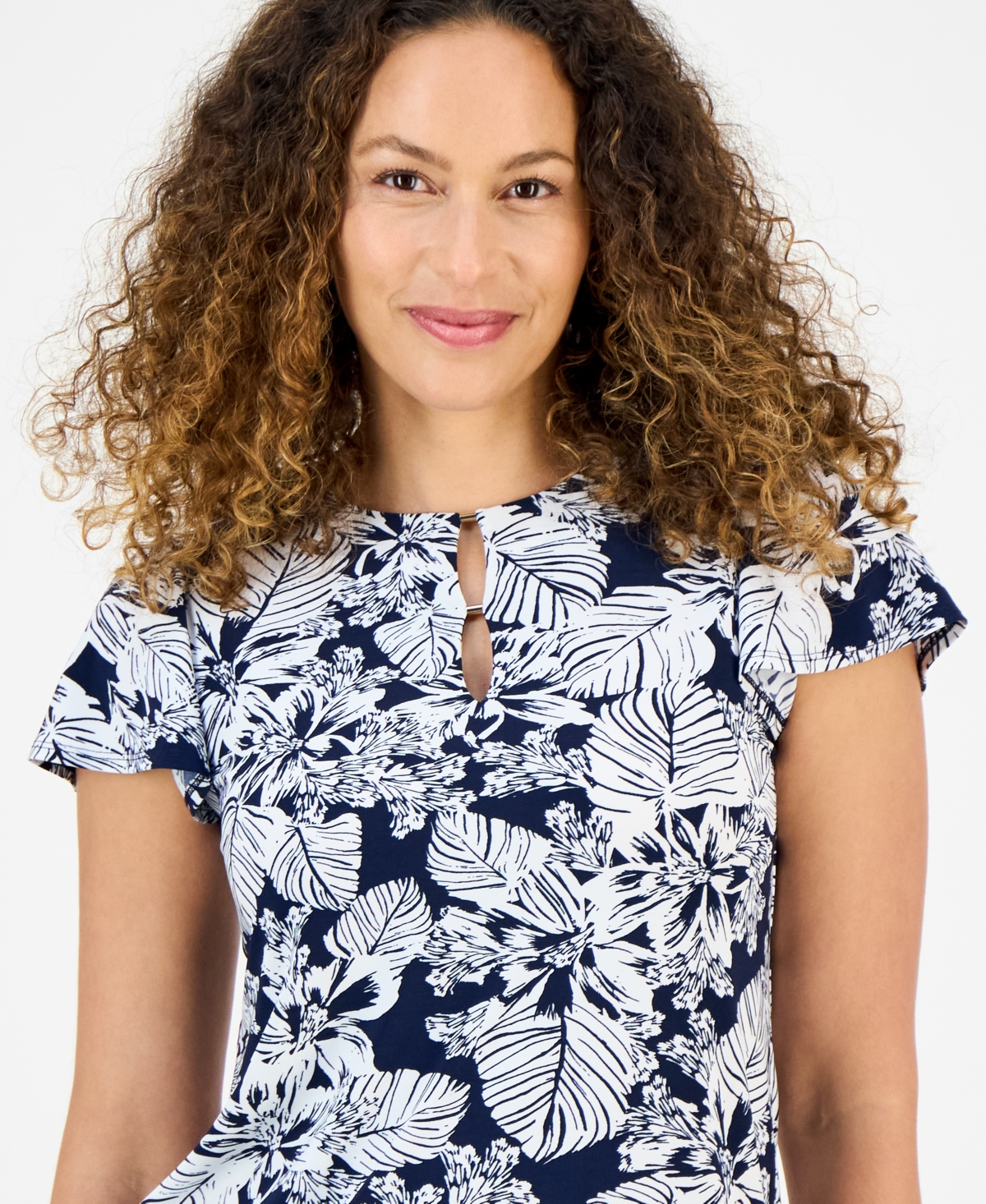 Jones New York Petite Botanical-print Keyhole Top In Blue