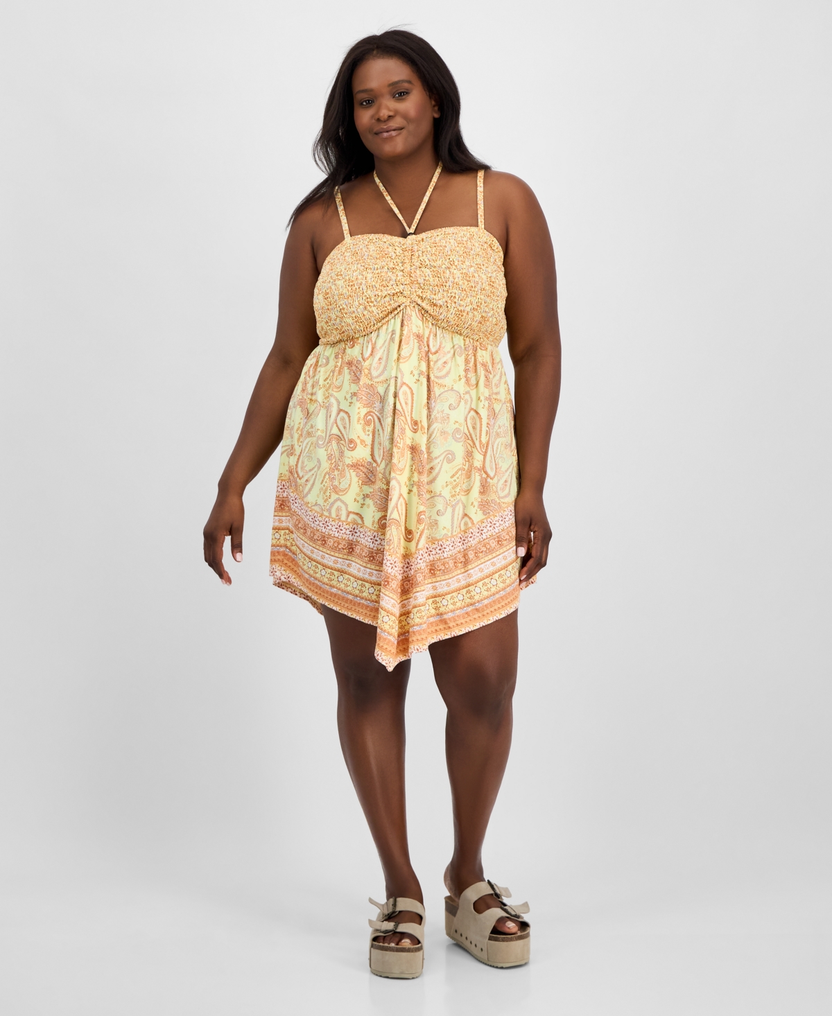 Trendy Plus Size Smocked Handkerchief-Hem Dress - Yellow