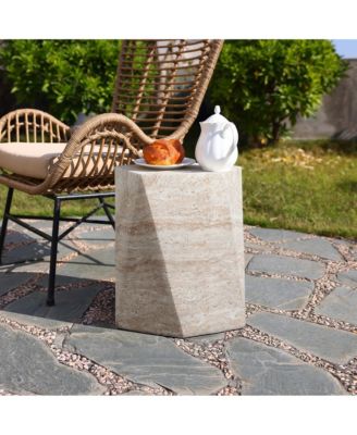 Outdoor Accent Side Table, 18'' Travertine-Style Irregular Textured Cement Patio End Table