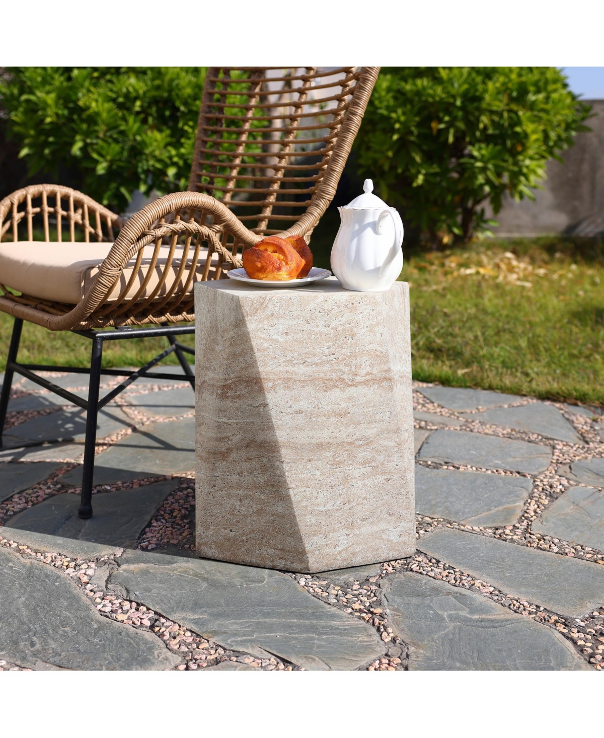 LuxenHome Outdoor Accent Side Table, 18'' Travertine-Style Irregular Textured Cement Patio End Table