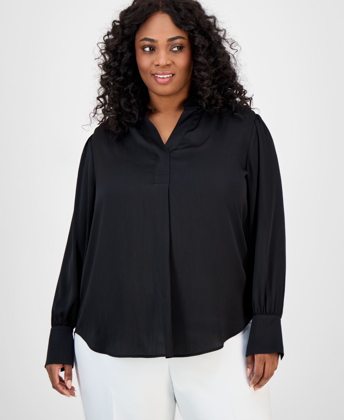 Plus Size Long-Sleeve V-Neck Blouse - Anne Black