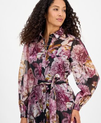 Women's Printed Button-Front Organza Maxi Dress