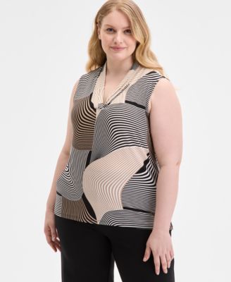 Anne Klein - Plus Size Printed Triple-Pleated V-Neck Top