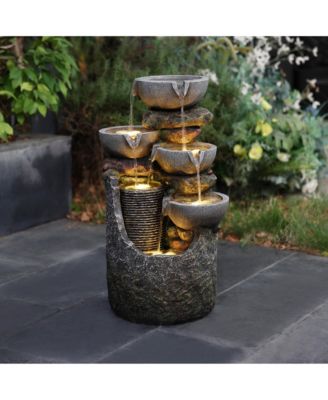 Gray 4-Bowl and 5-Tier 2.1-Feet Tall Outdoor Polyresin Fountain with Lights