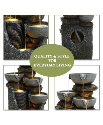 Gray 4-Bowl and 5-Tier 2.1-Feet Tall Outdoor Polyresin Fountain with Lights