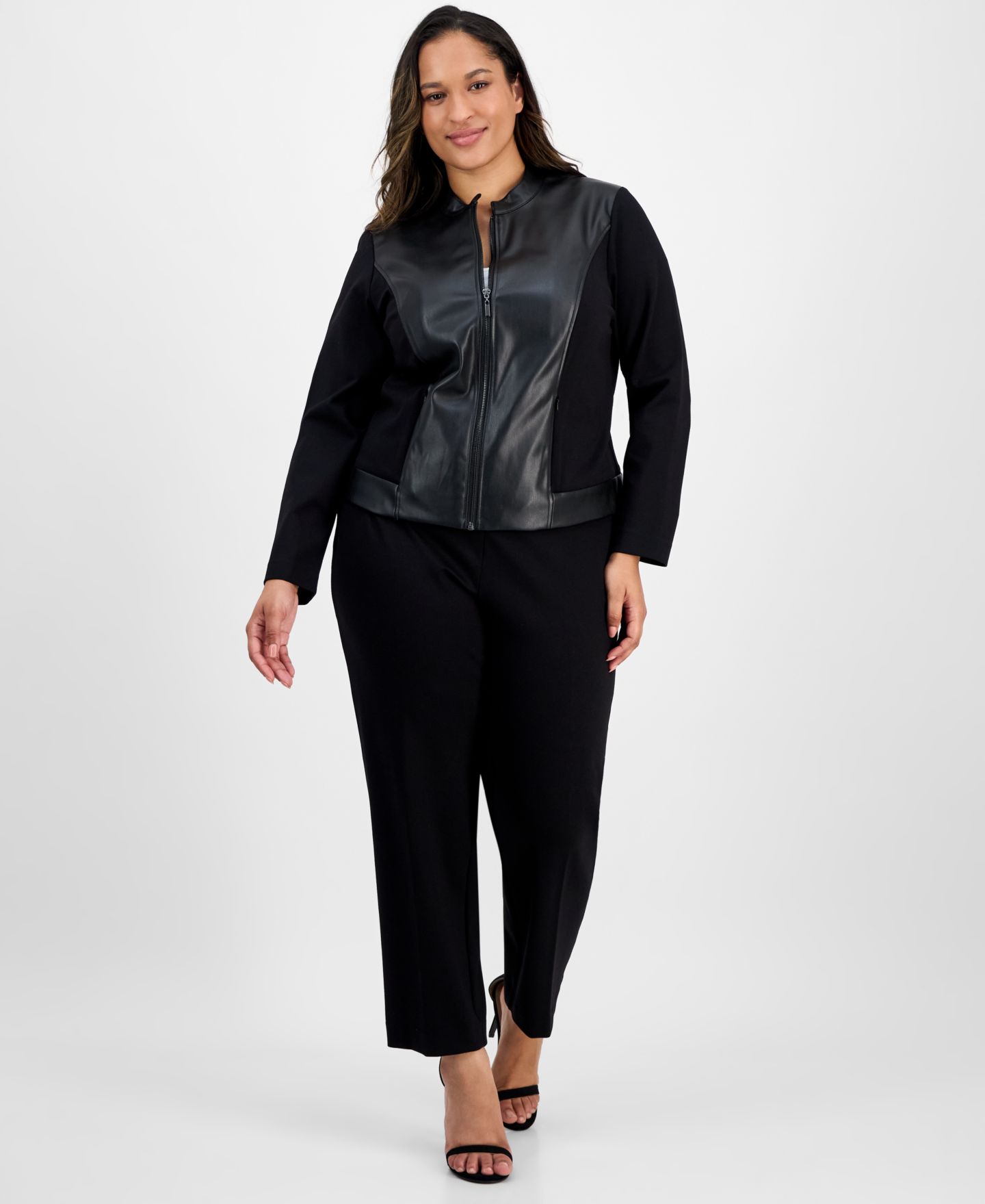 Женская куртка Anne Klein Essentials AK Anne Klein Plus Size Mixed-Media Zip-Front, цвет: Чёрный — фото 2