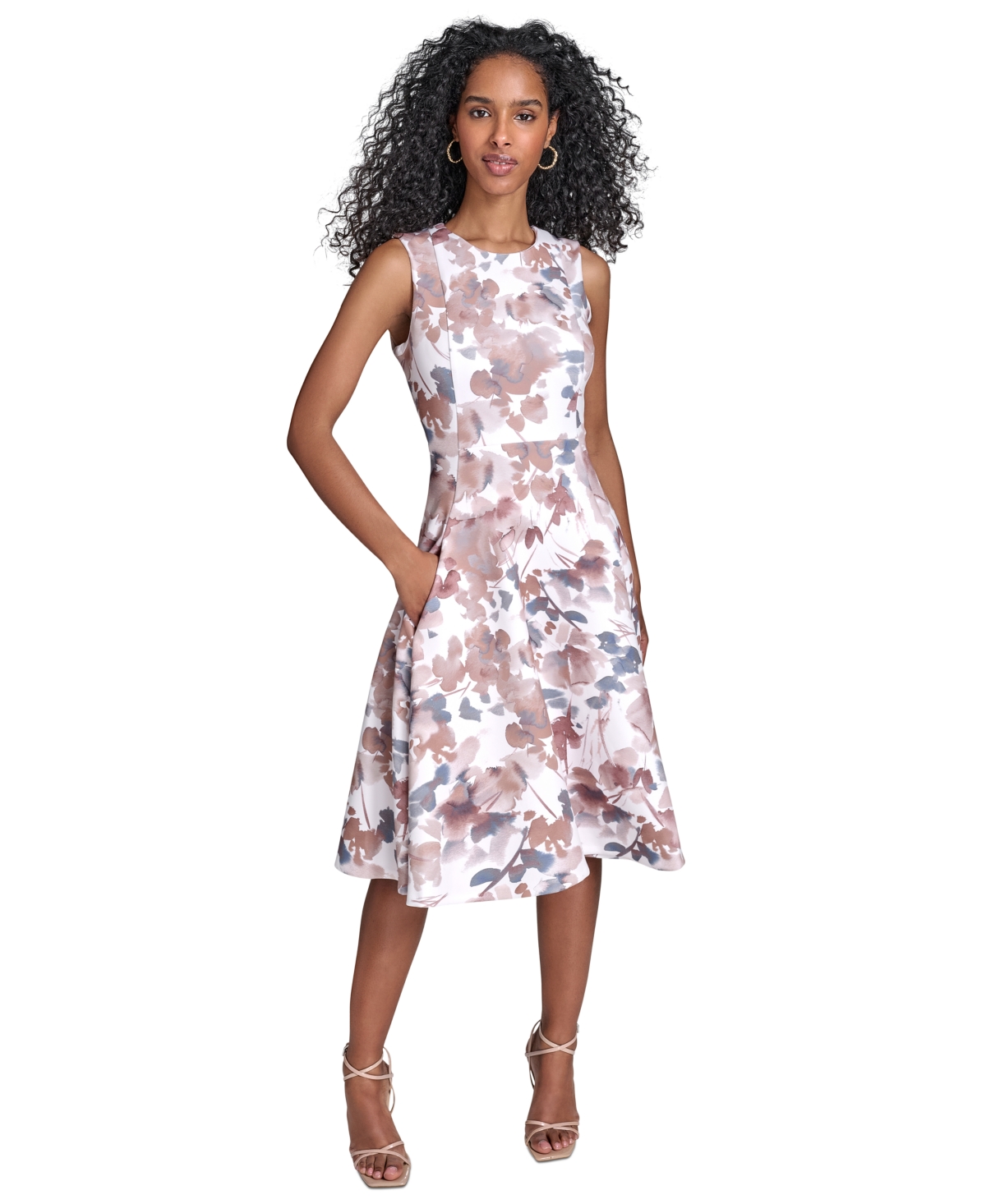 Women's Floral-print Scuba Fit & Flare Midi Dress - Luggage Multi
