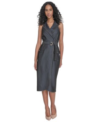 Calvin Klein - Women's Belted Denim Faux-Wrap Dress