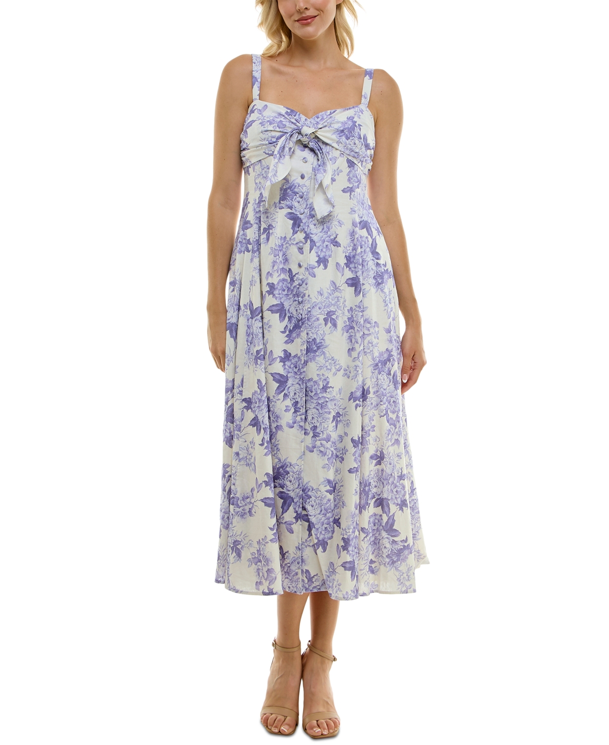 Taylor Women's Floral-print Tie-bodice Smocked-back Dress