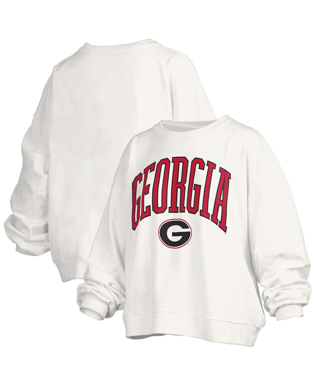 PRESSBOX WOMEN'SÂ WHITE GEORGIA BULLDOGS JANISE ARCH OVER LOGO WAIST LENGTH OVERSIZED PULLOVER SWEATSHIRT 