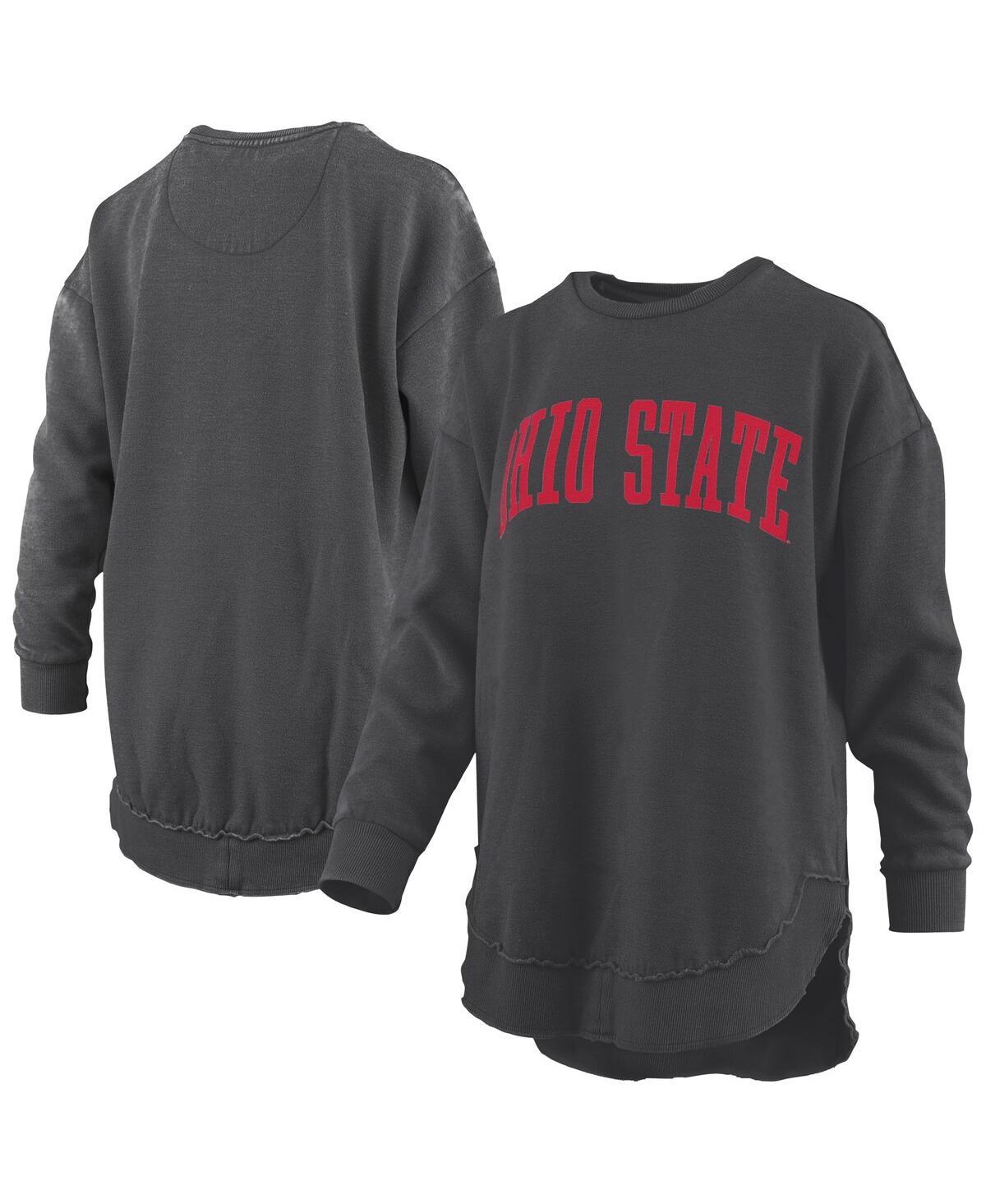PRESSBOX WOMEN'SÂ BLACK OHIO STATE BUCKEYES MELANGE PONCHO VINTAGE FLEECE LONG SLEEVE PULLOVER SWEATSHIRT 