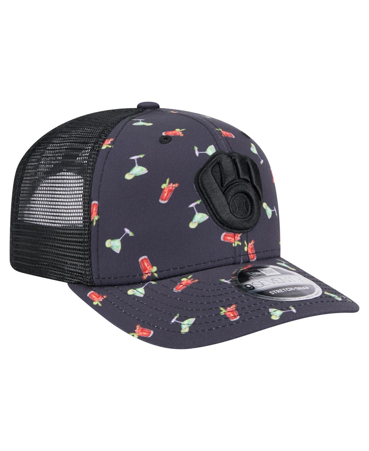 NEW ERA MEN'S BLACK MILWAUKEE BREWERS ADVENTURE DRINKS PATTERN 9SEVENTY STRETCH-SNAP HAT 
