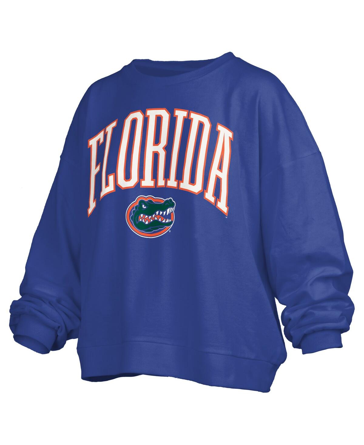 PRESSBOX WOMEN'SÂ ROYAL FLORIDA GATORS JANISE ARCH OVER LOGO WAIST LENGTH OVERSIZED PULLOVER SWEATSHIRT 
