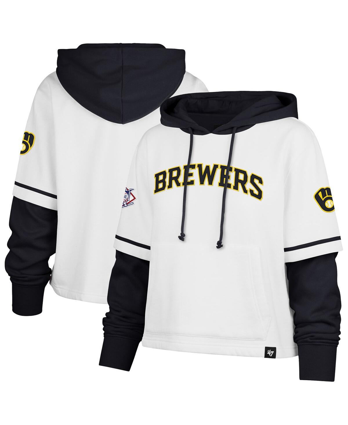 47 BRAND WOMEN'S WHITE MILWAUKEE BREWERS TRIFECTA SHORTSTOP CROPPED PULLOVER HOODIE 