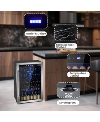 Wine Cooler 37 Bottle Freestanding Fridge with Stainless Steel Reversible Glass Door, 145 Can Beverage Refrigerator Quiet Compressor for Home Kitchen Bar, 4.5 Cu.ft Silver