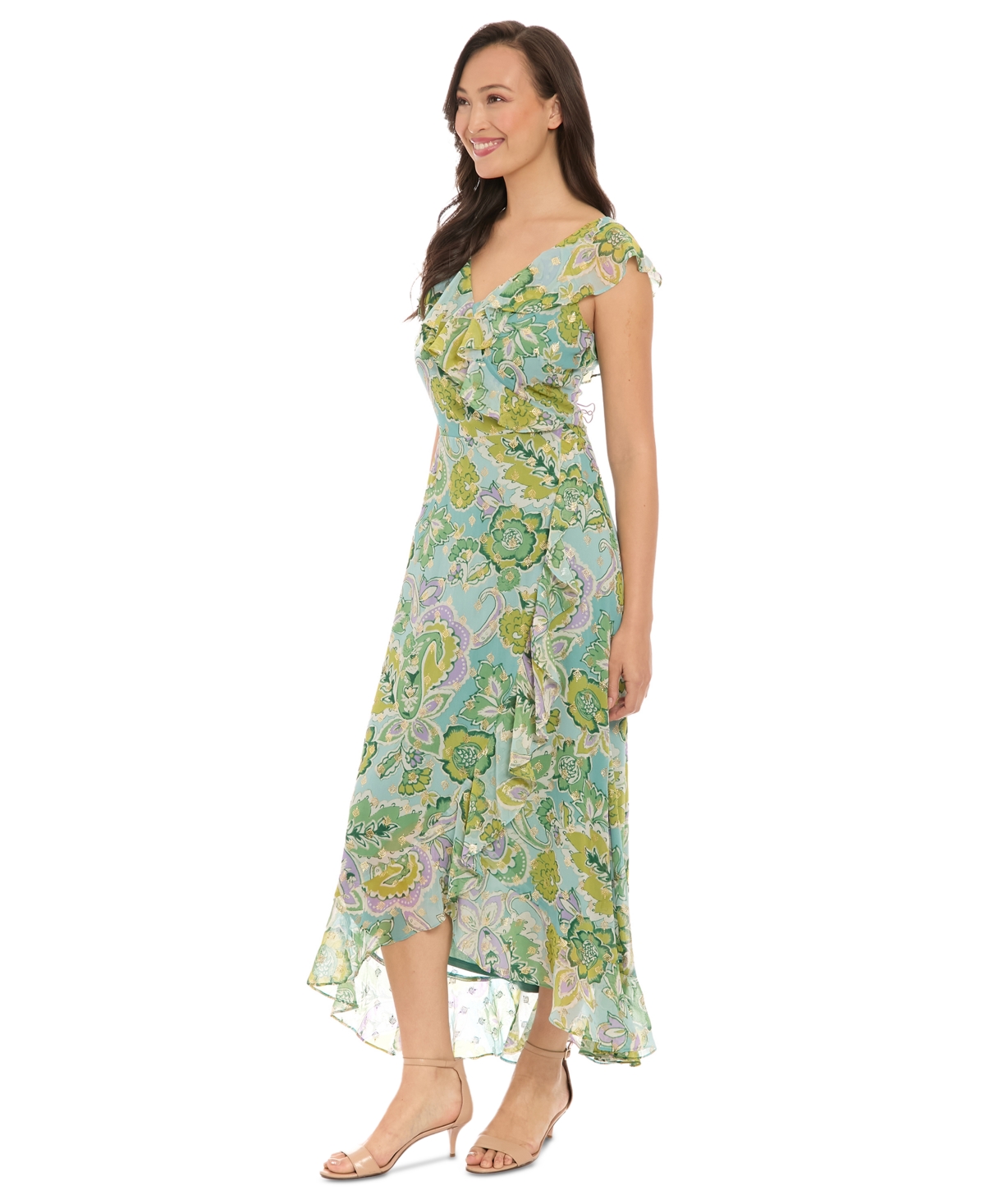 London Times Petite Faux-wrap Ruffle-trim Midi Dress