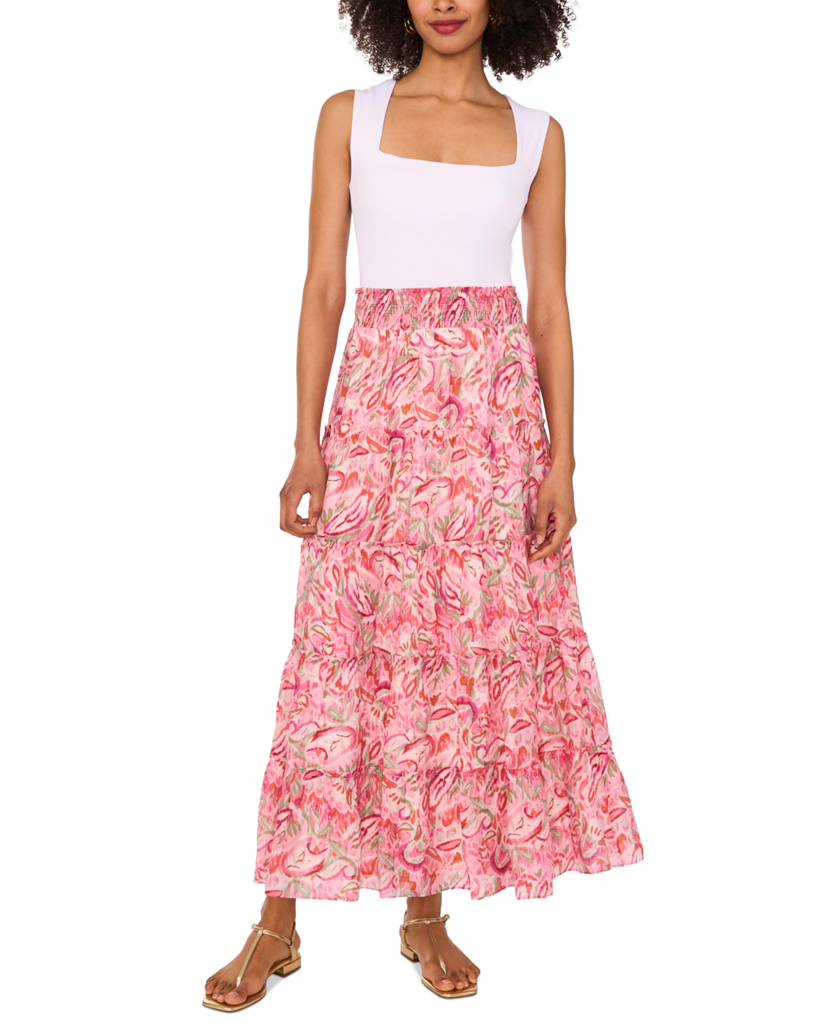 Vince Camuto Tiered Smocked Waist Maxi Skirt In Pink