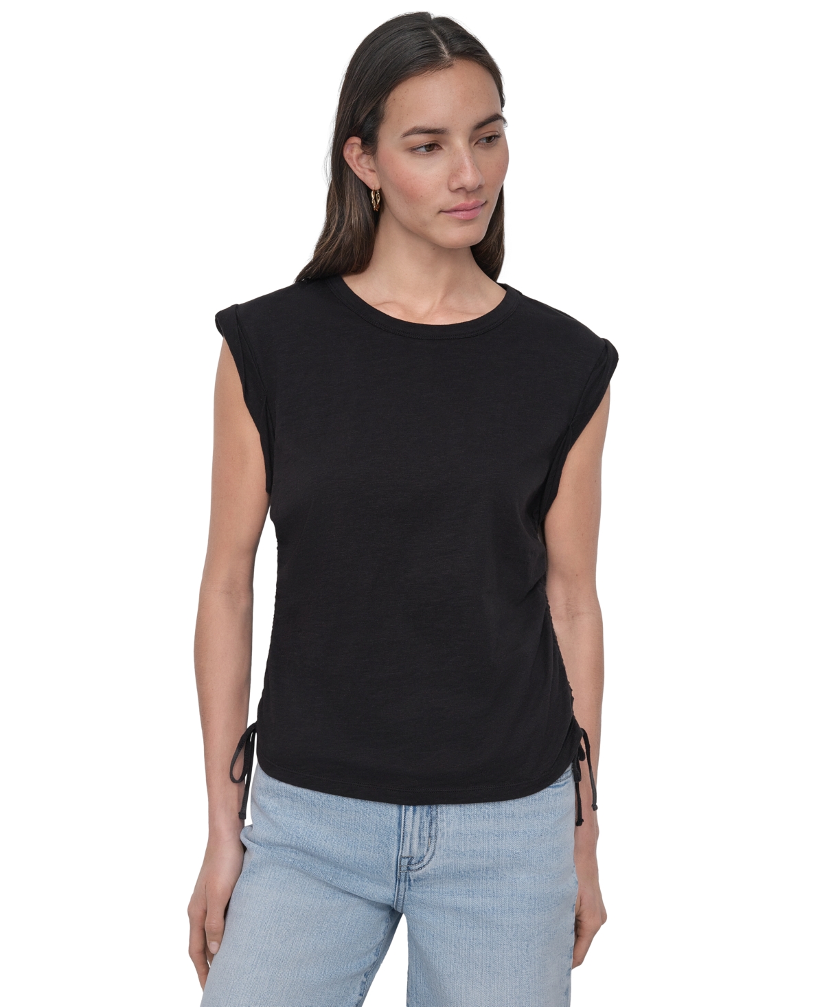 DKNY JEANS PETITE COTTON RUCHED SIDE-TIE SLEEVELESS TEE 