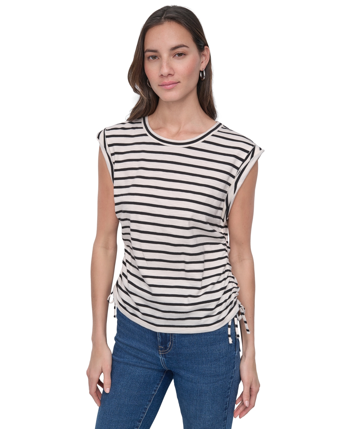 DKNY JEANS PETITE COTTON RUCHED SIDE-TIE SLEEVELESS TEE 