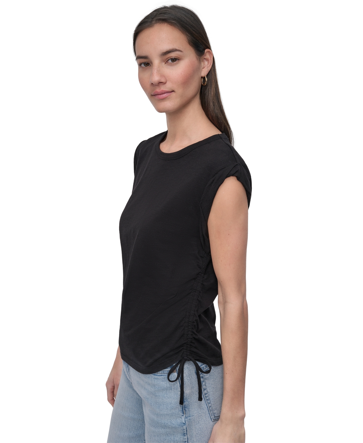 DKNY JEANS PETITE COTTON RUCHED SIDE-TIE SLEEVELESS TEE 