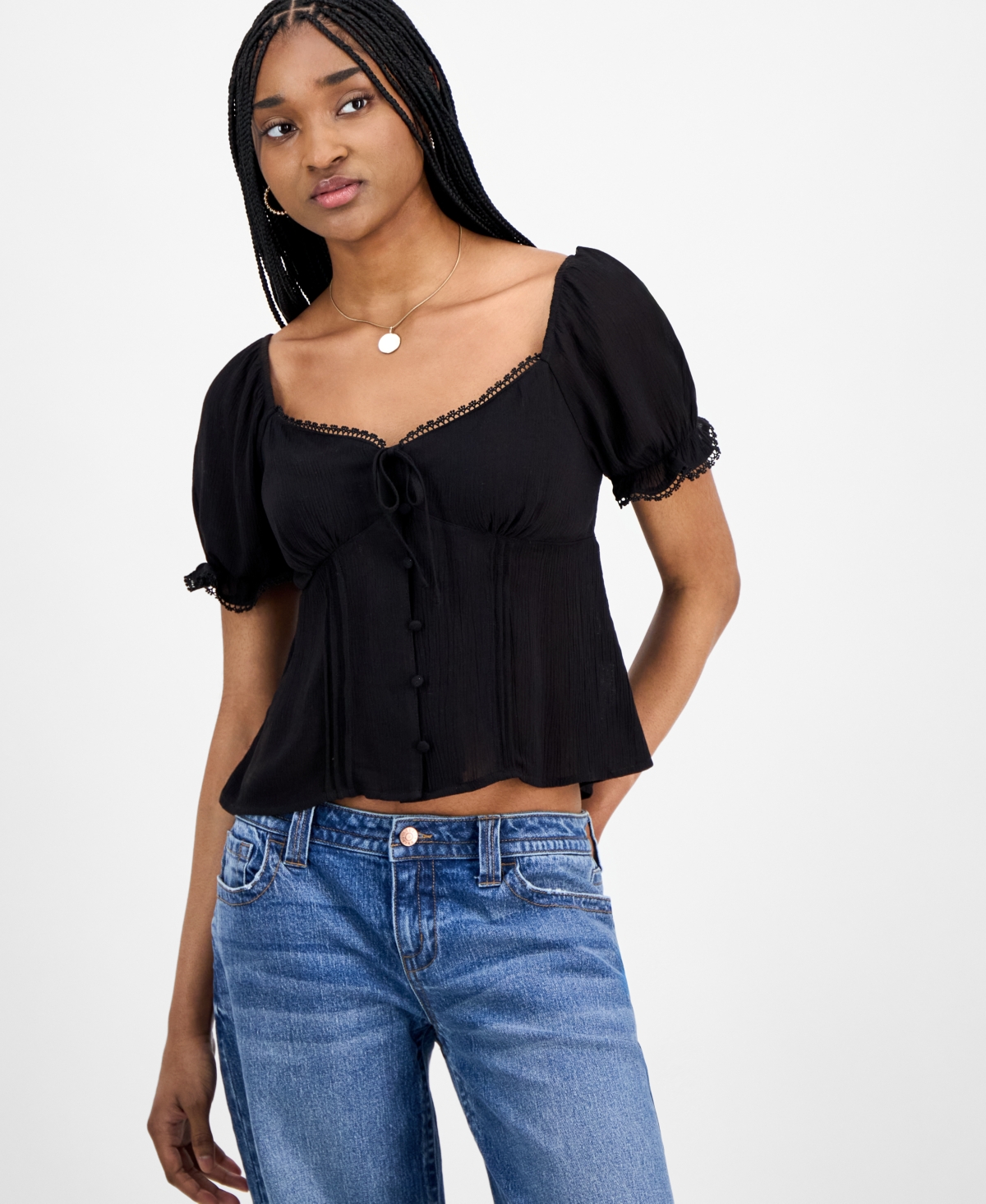Juniors' Sweetheart-Neck Puff-Sleeve Top - Whisper White Pink Ditsy