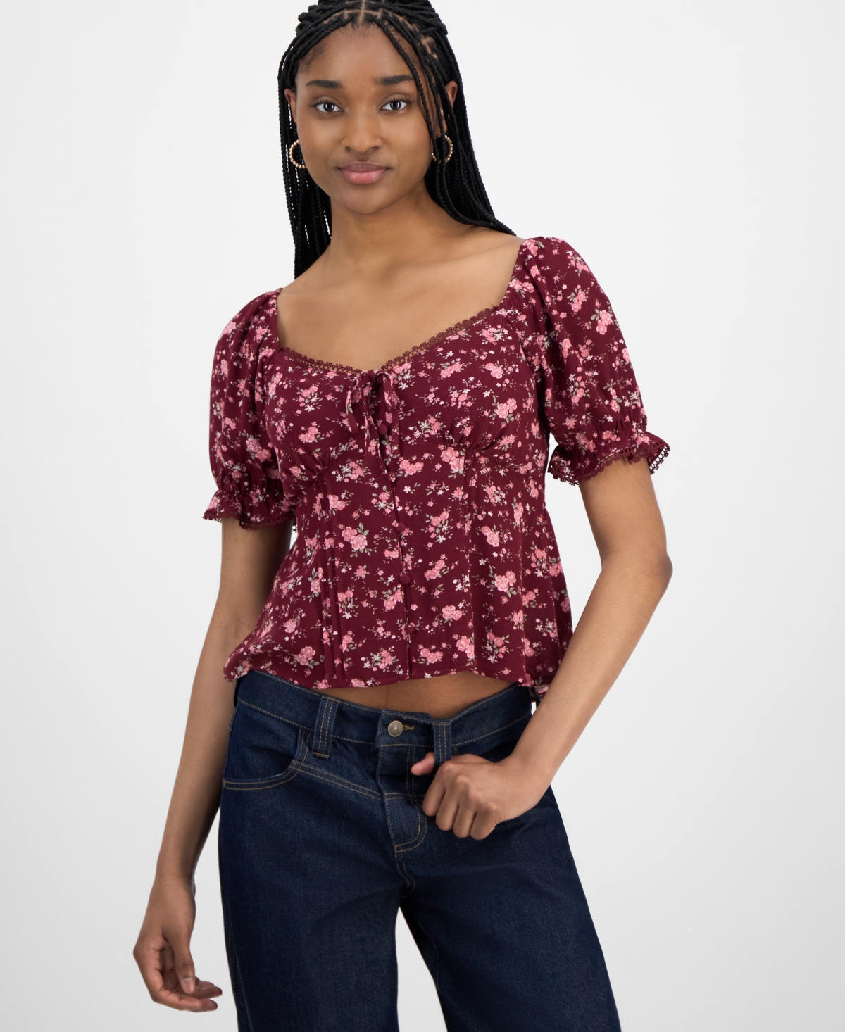 Juniors' Sweetheart-Neck Puff-Sleeve Top - Tawny Port Ditsy
