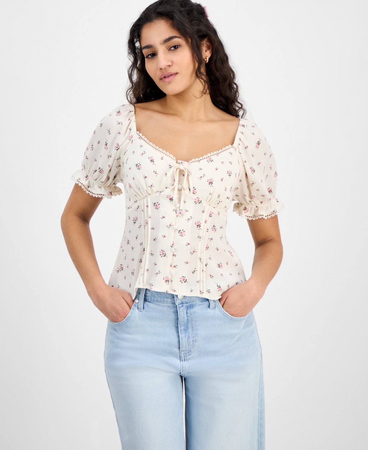 Juniors' Sweetheart-Neck Puff-Sleeve Top - Whisper White Pink Ditsy