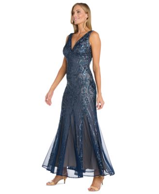 Women's Beaded Godet-Mesh V-Neck Gown