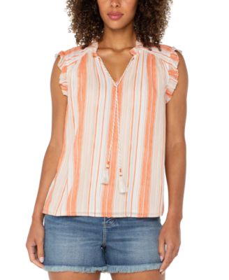 Liverpool Los Angeles - Women's Striped Ruffle-Trim Split-Neck Top