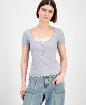 Hippie Rose - Juniors' Lace-Trim Layered Henley T-Shirt
