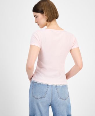 Juniors' Lace-Trim Layered Henley T-Shirt