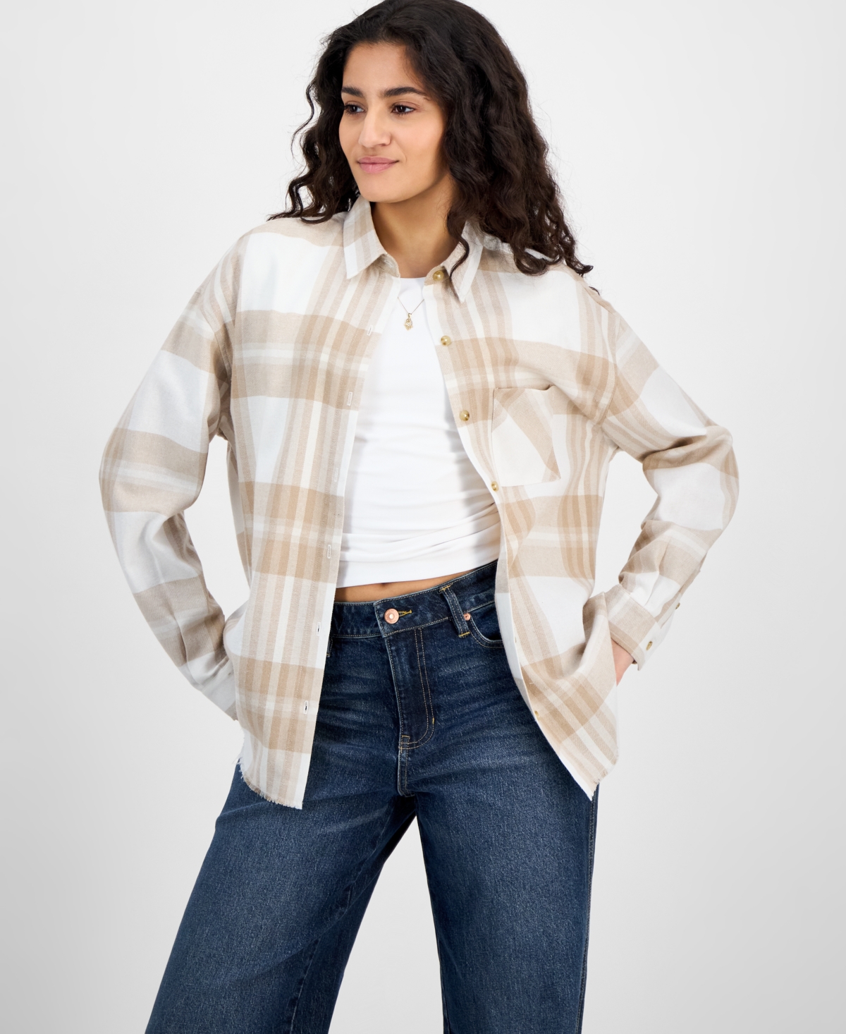 Juniors' Girlfriend Frayed-Hem Plaid Shirt - Ivory/Tan Plaid