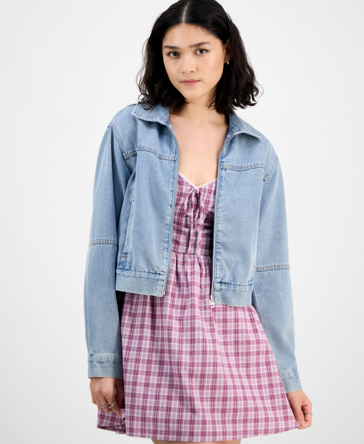 Juniors' Zip-Up Denim Jacket - True Denim Blue
