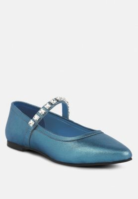 ALVERNO Womens Metallic Diamante Mary Jane Leather Flats