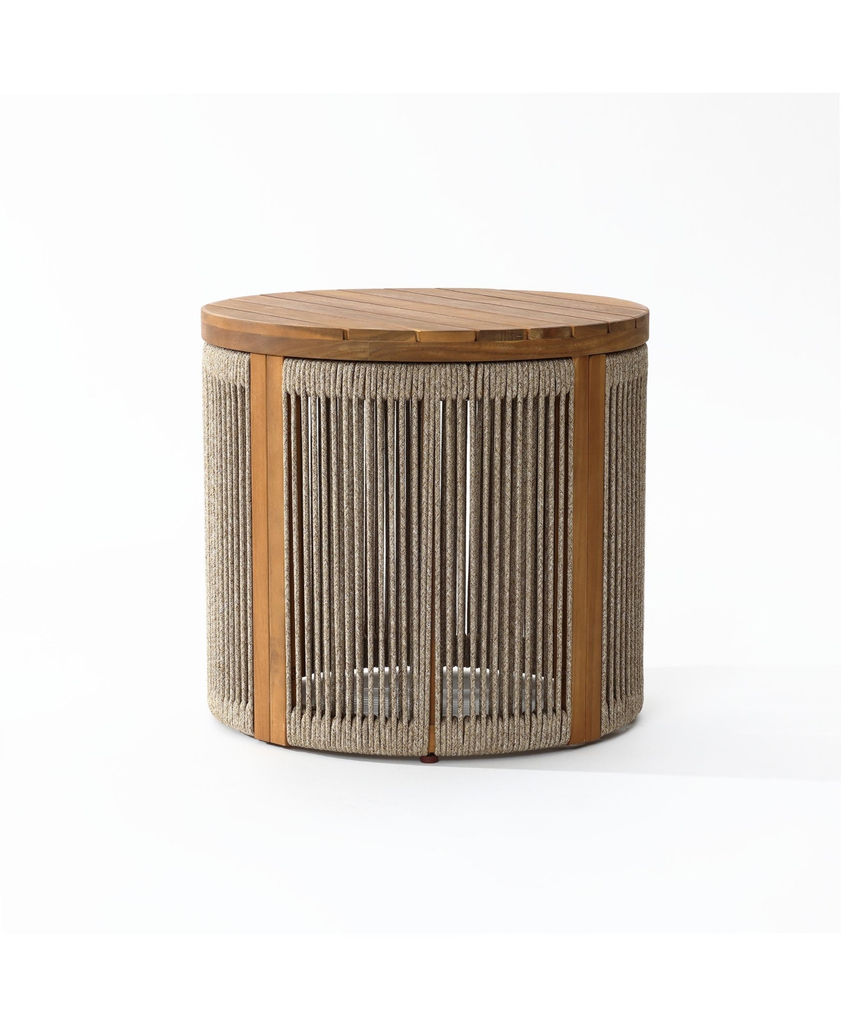 LuxenHome Outdoor Acacia Wood Rope Sides Round Drum Side and End Tables
