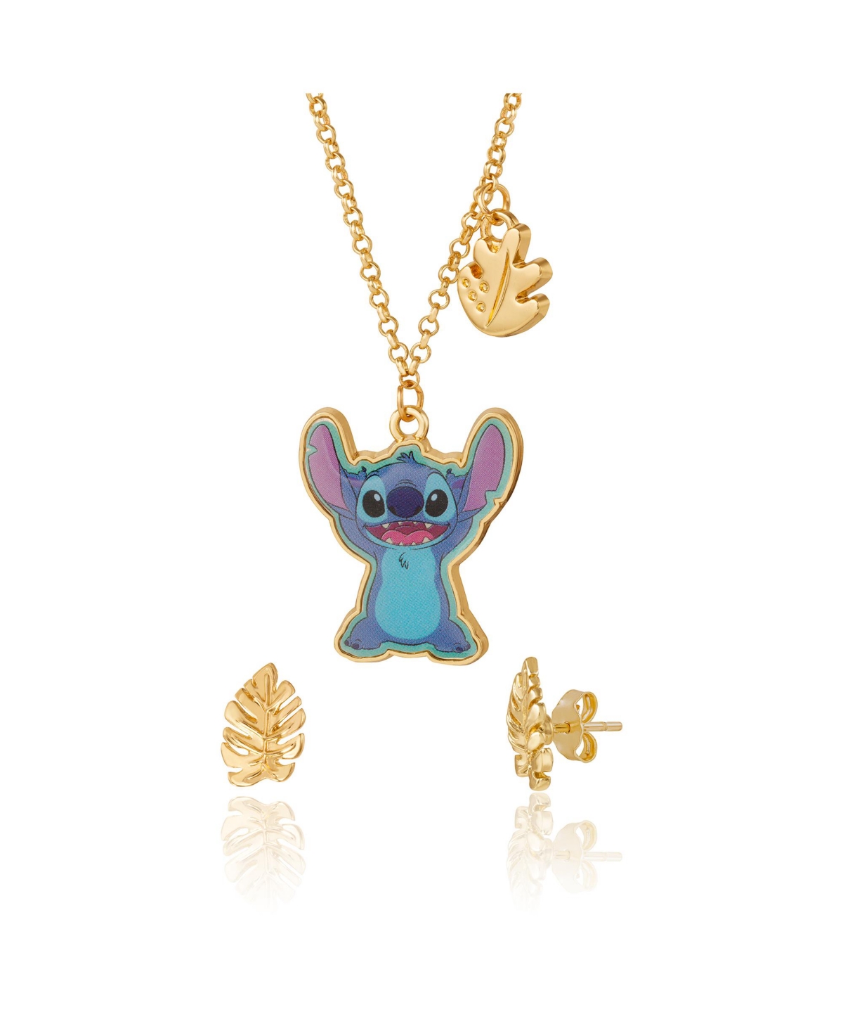 Stitch Jewelry Set - Stitch Necklace and Leaf Earrings - Gold, blue, purple