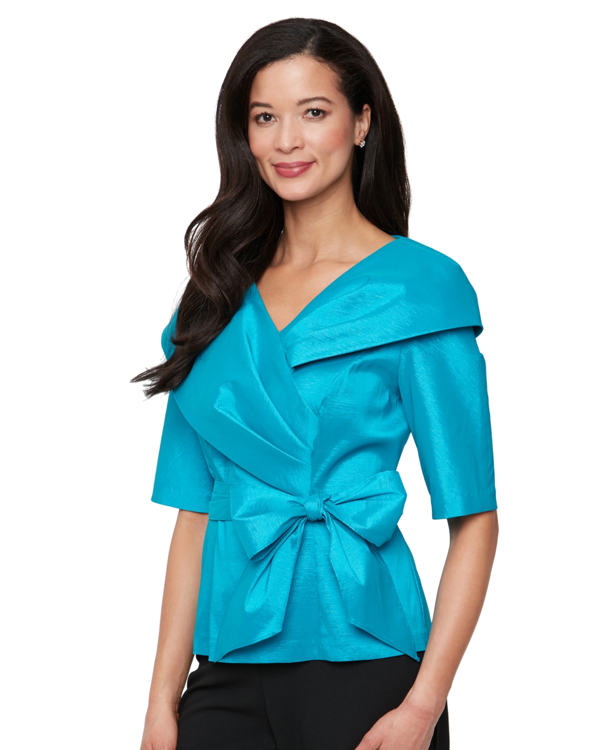 Petite Bow-Trim Short-Sleeve Taffeta Blouse - Aqua