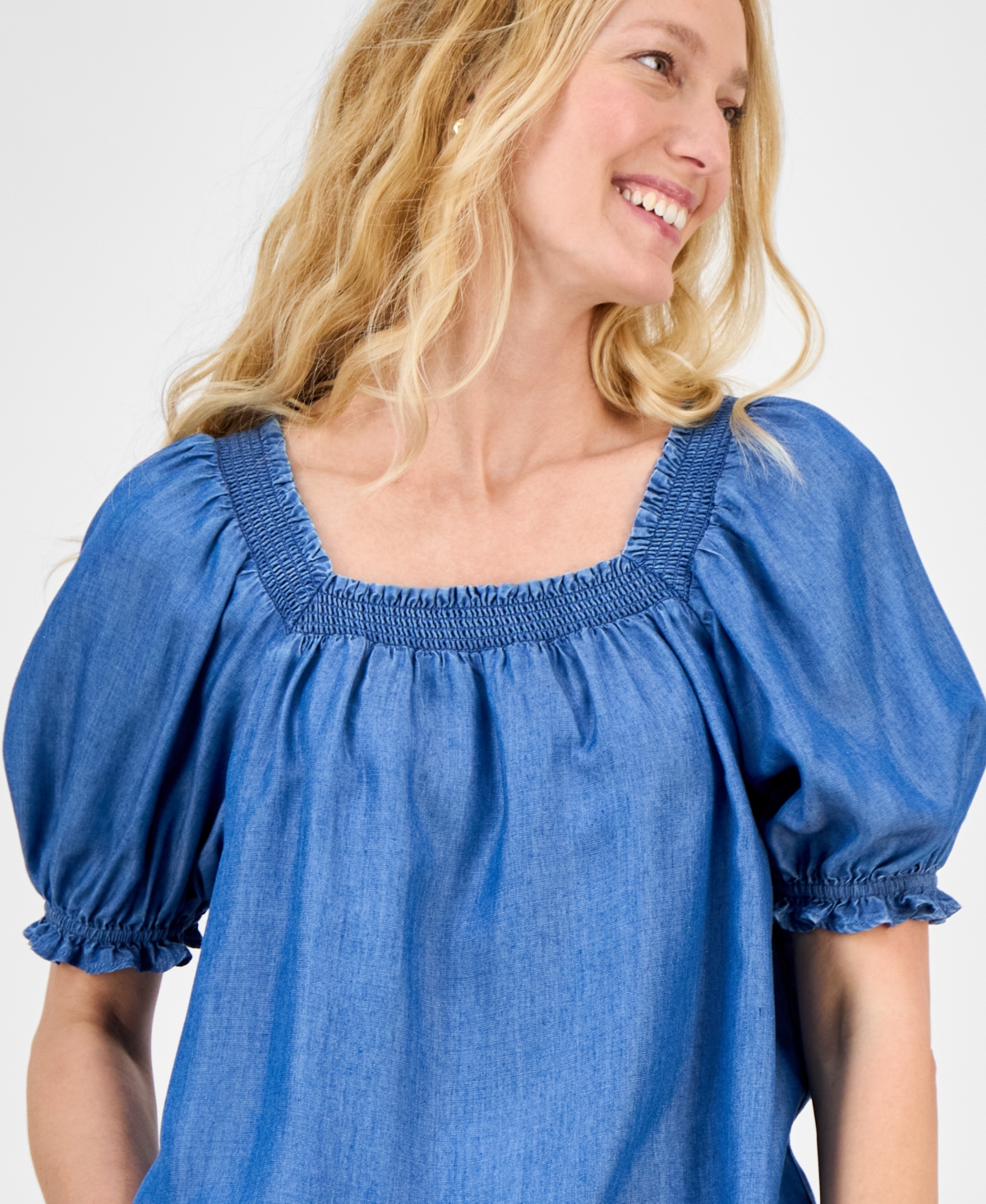 Style & Co Women's Chambray Square-neck Smocked Top, Exclusively At Macy's