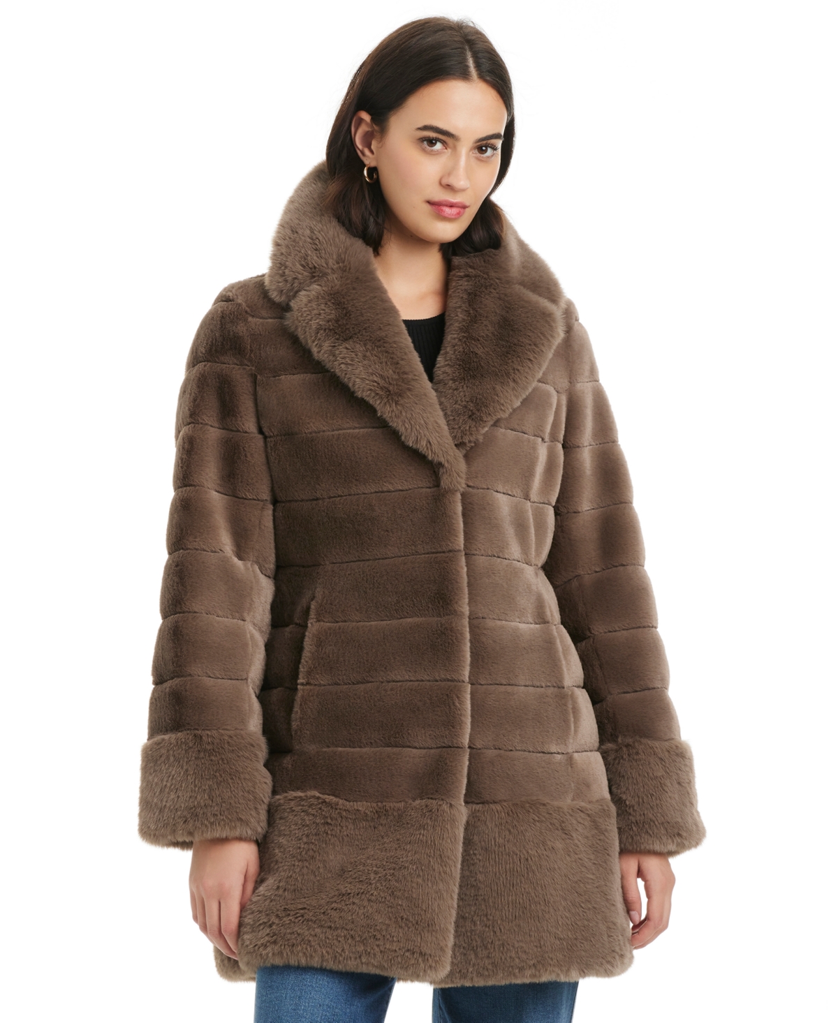 Jones New York Women's Faux-fur Notched-collar Coat In Brown