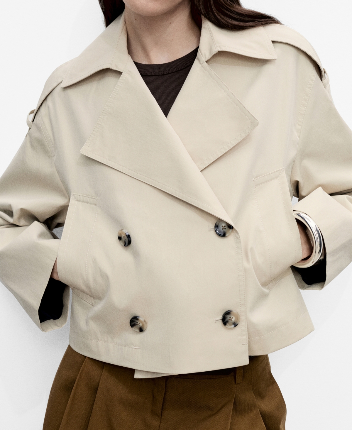 Mango Double Breasted Crop Trench Coat In Light,pastel Gray