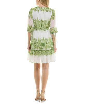 Women's Floral-Print Tie-Cuff Ruffled-Hem Dress