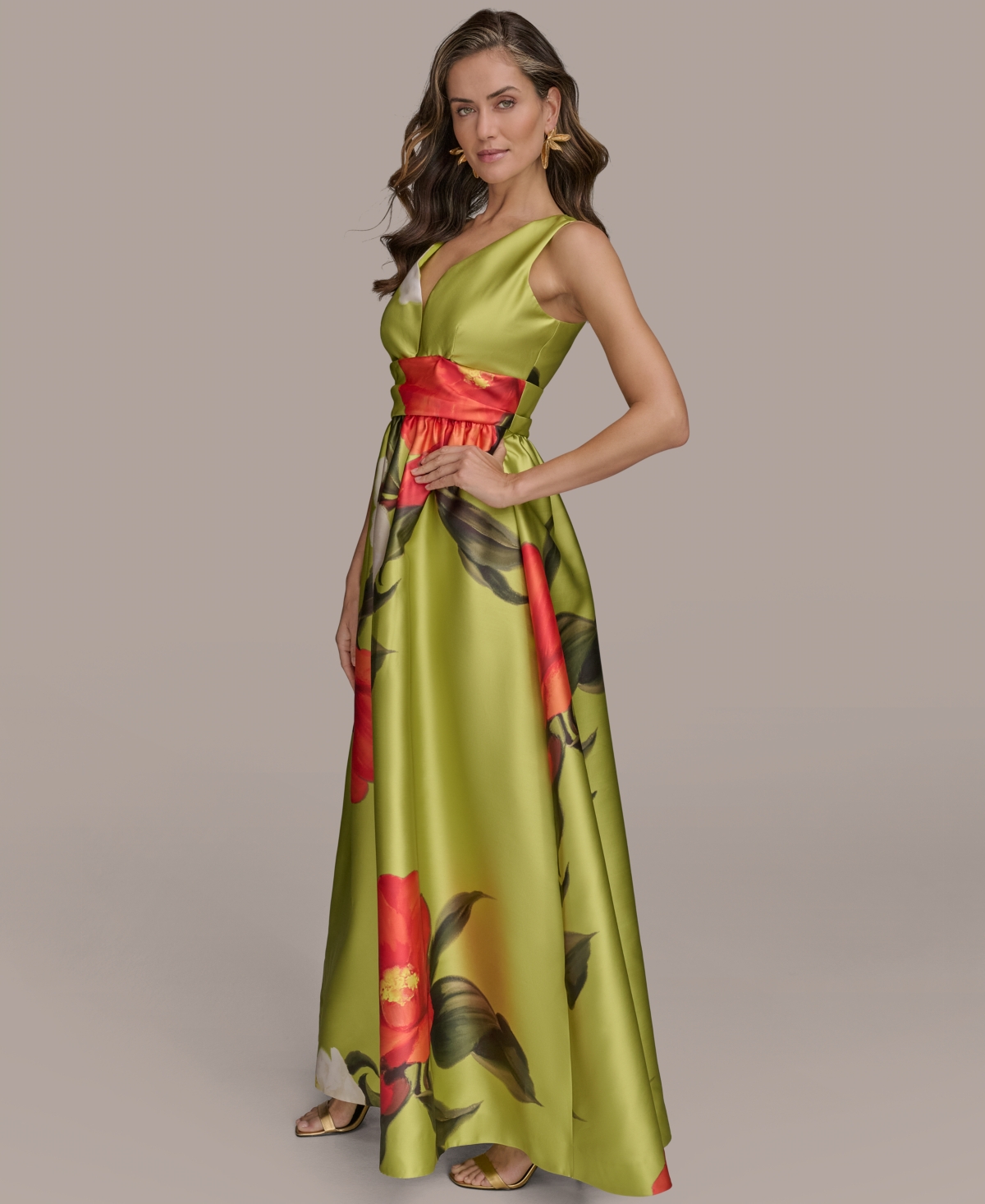 Women's Printed V-Neck Gown - Summer Citron Multi