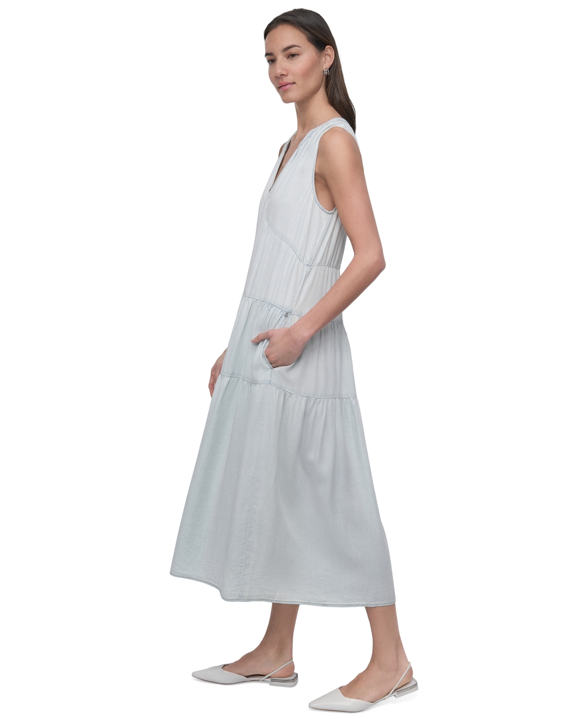 DKNY JEANS WOMEN'S SLEEVELESS TIERED MIDI DRESS 
