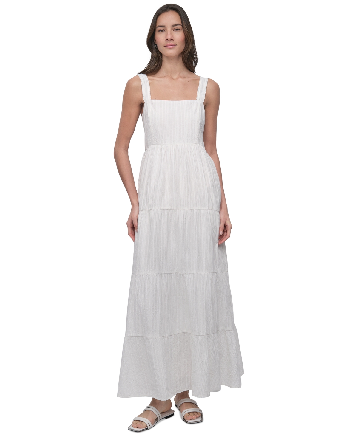 Women's Cotton Tiered Maxi Dress - WHT - WHITE