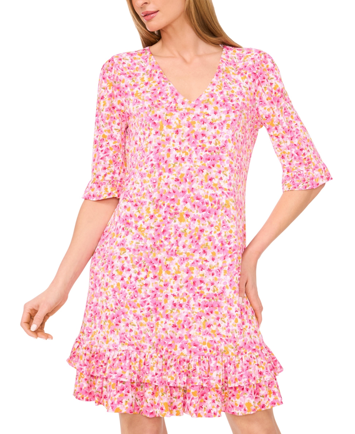 Shop Cece Women's V-neck Ruffled Floral Shift Dress In Pink Multi
